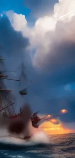 Epic naval battle scene with ships at sunset on a stormy ocean.