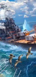 Epic scene of battleship on ocean with seagulls flying in dramatic action.