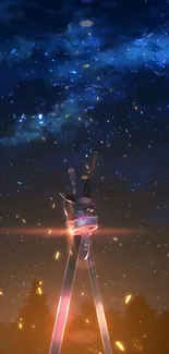 Glowing swords under a starry night sky with a cosmic backdrop.