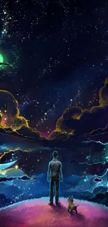 Man and dog under a cosmic night sky wallpaper.