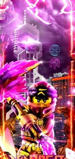 Epic ninja adventure with vibrant purple hues and mystical cityscape.