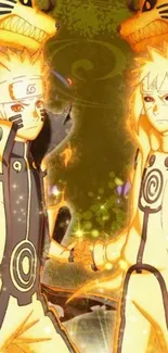 Epic anime wallpaper of two legendary ninjas glowing in golden orange.