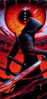 Vivid ninja samurai with swords in a red-themed artistic background.