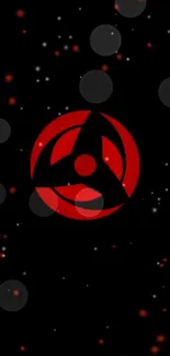 Red ninja symbol on black with orbs.