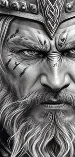 Epic black and white Norse warrior portrait with green eyes for mobile wallpaper.