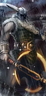 Norse warrior posing with axe in stormy fantasy scene.