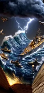 Epic scene of ships and aircraft emerging from a book with a stormy ocean backdrop.