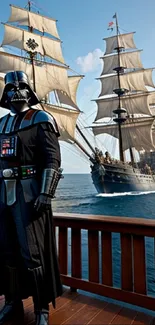 Futuristic character stands on deck with historic ship in the background.