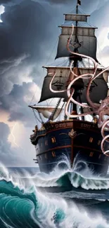 Sailing ship battles giant octopus in stormy seas.