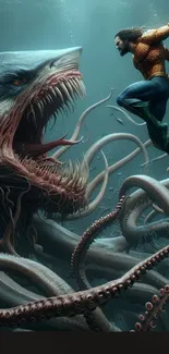 Superhero confronts giant sea creature underwater.