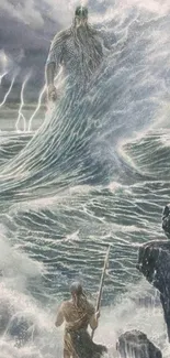 Epic ocean battle with mythical giants and stormy waves.