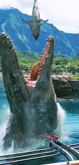 Epic scene of a giant sea creature leaping from the ocean under a sky.