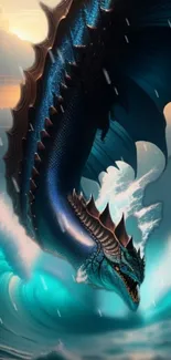 Majestic dragon soaring over ocean waves in a fantasy realm.