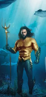 Epic ocean hero standing amidst sea creatures underwater.