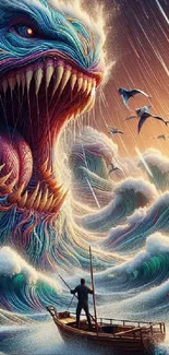 Vivid fantasy wallpaper with sea monster and waves.