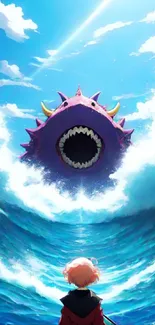 Anime-style ocean monster emerging from waves under bright sky.