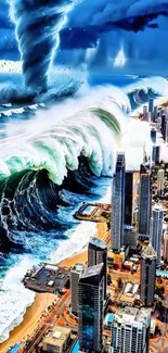 Epic ocean wave crashing into cityscape with a tornado overhead.
