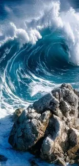 Majestic ocean wave crashing on rocky cliffs.