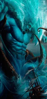 Fantasy ocean scene with a powerful sea god emerging from swirling blue waves.