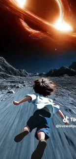 Young explorer runs on rocky path under glowing cosmic sky.