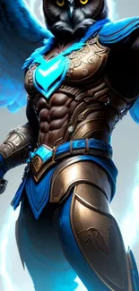 Epic owl warrior in blue armor, holding a weapon, perfect as fantasy wallpaper.