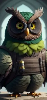 Vivid owl warrior in green armor in a fantasy setting.