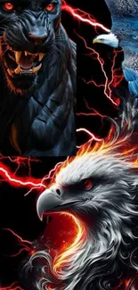 Fierce panther and majestic eagles with lightning effect wallpaper.