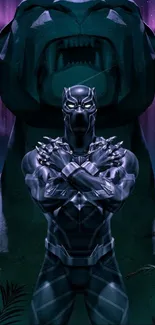 Panther-inspired superhero standing before statue under night sky.