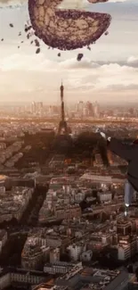 Anime character over Paris cityscape with Eiffel Tower.