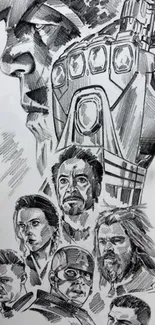 Intricate pencil sketch of iconic character montage on a mobile wallpaper.