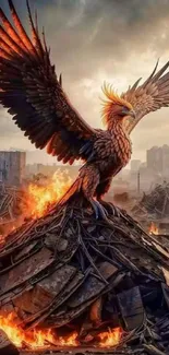 Epic phoenix rising amid flames with urban background.