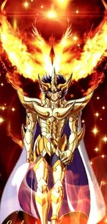 Epic golden armored warrior with phoenix wings in fiery backdrop.