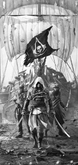 Pirate crew and ship in monochrome art.