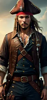 Rugged pirate captain aboard a ship on the ocean.