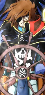 Anime pirate character steering a ship with a bold, dark blue backdrop.