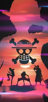 Dynamic pirate-themed anime wallpaper with vivid sunset hues and bold silhouettes.