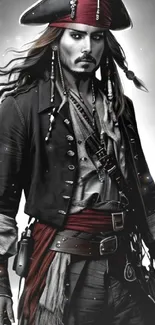 Epic pirate hero in black and red attire standing confidently on dark background.