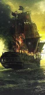 Epic pirate ship on fiery, stormy sea with golden sky.