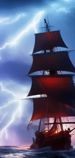 A pirate ship sails in a dramatic lightning storm over a turbulent ocean.