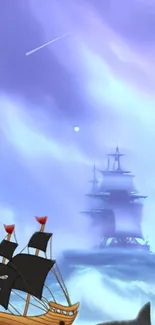 Epic pirate ships on a mystical ocean with a violet sky backdrop.