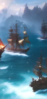 Epic pirate ships sailing a mystical ocean.