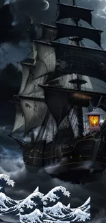 Epic pirate ship sailing through stormy seas with dramatic clouds.