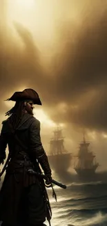 A majestic pirate overlooks stormy seas with two ships in the distance.