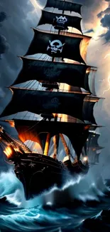 Epic pirate ship on stormy seas, dramatic sky.