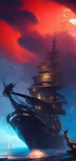 Fantasy pirate ship sailing under a fiery sky.