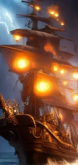 Epic pirate ship navigating stormy seas with glowing lanterns and lightning.