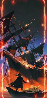 Epic pirate ship with fiery flames at sea.