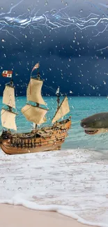 Dramatic scene of pirate ship and shark under stormy sky.