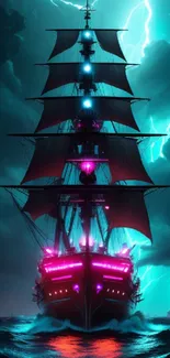 Pirate ship with bright lights in a stormy sea under lightning.