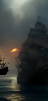 Pirate ships engage in battle on stormy seas, under a dramatic sky.